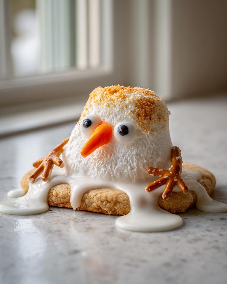 A close-up of a melted snowman cookie featuring a marshmallow body, candy eyes, pretzel arms, and a melted white icing puddle.