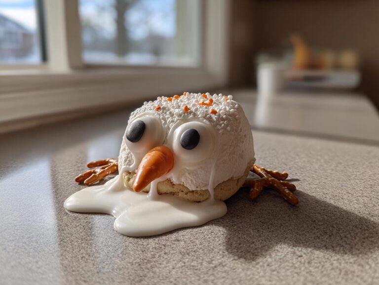 A creative melted snowman cookie featuring large eyes, a carrot nose, pretzel arms, and white icing melting onto a countertop.