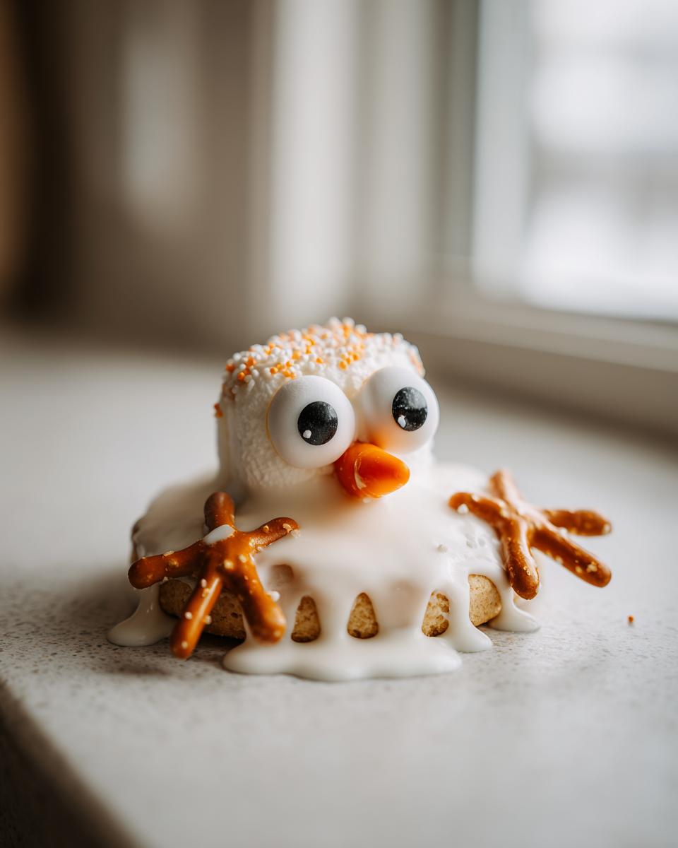 A close-up of one of the melted snowman cookies, featuring large googly eyes and pretzel arms.