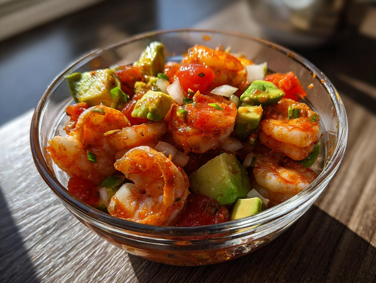 Close-up of a glass bowl filled with vibrant mexican shrimp cocktail, featuring seasoned shrimp, diced avocado, and tomatoes.