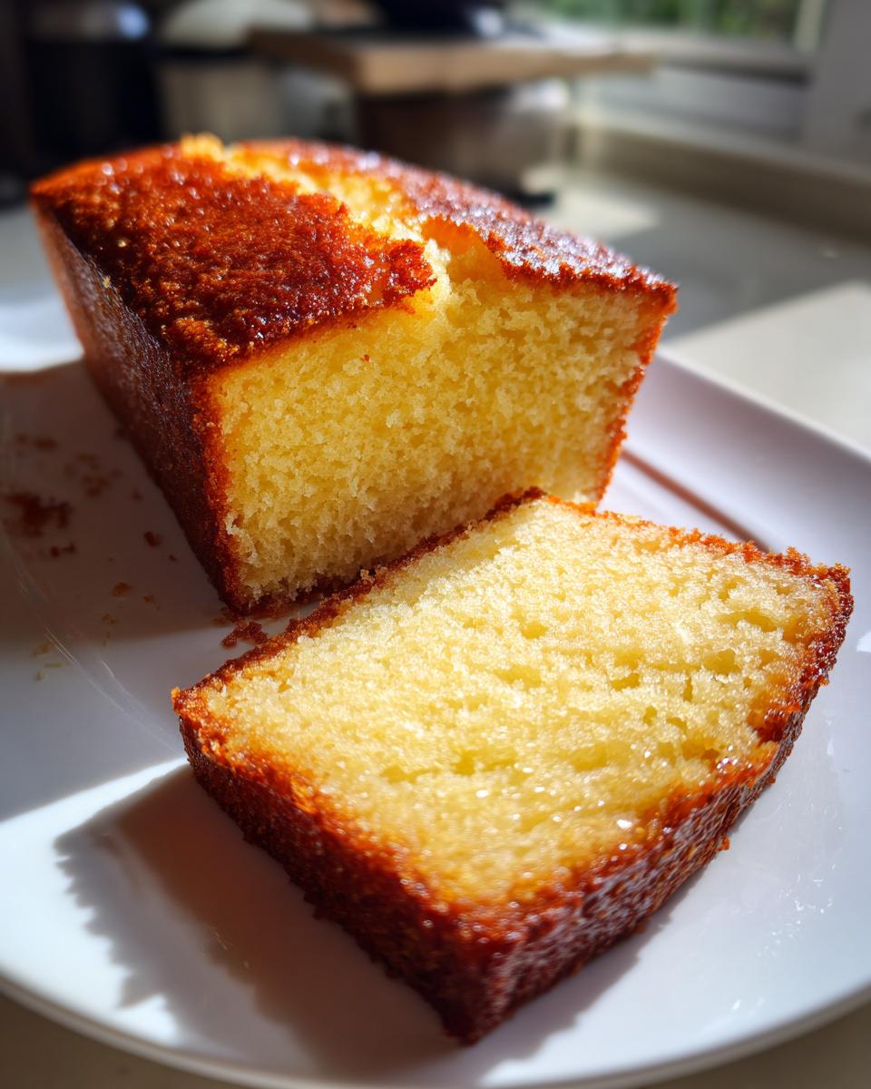 Close-up of a moist, golden slice cut from a loaf of condensed milk cake on a white plate.