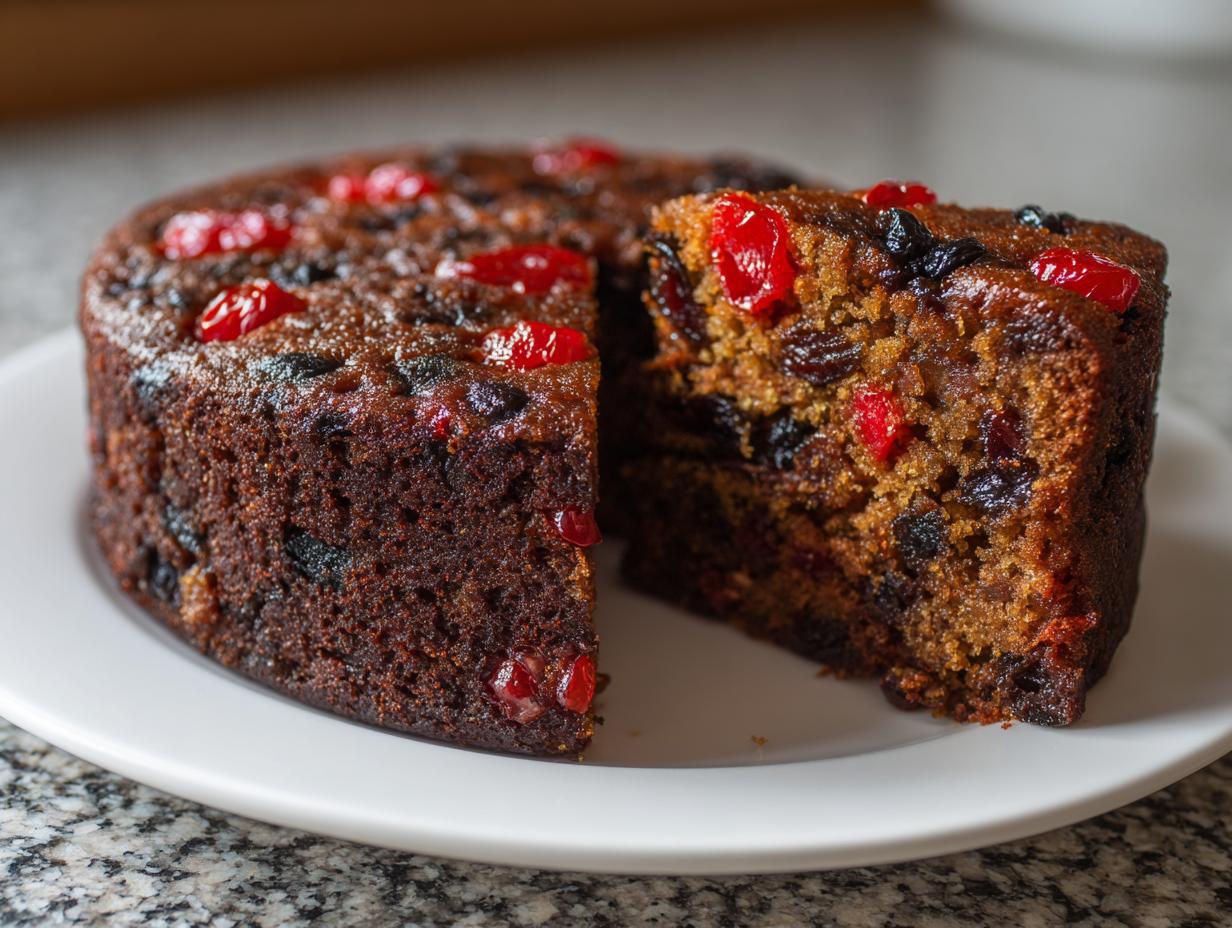 A rich, dark slice of moist fruit cake recipe displayed next to the main cake on a white plate.