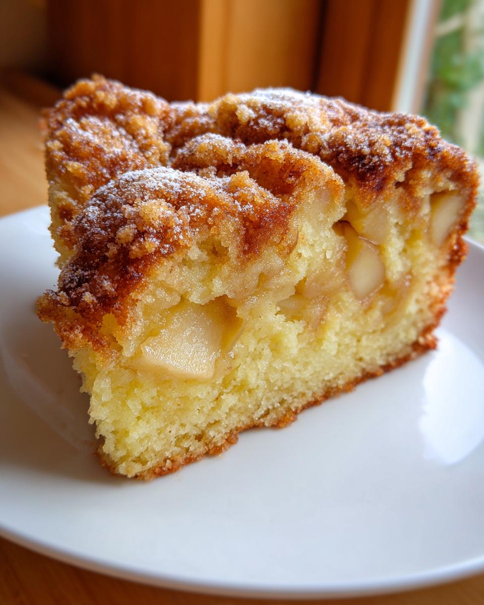 Close-up of a moist slice of jewish apple cake featuring visible apple chunks and a sugary crumble topping dusted with powdered sugar.