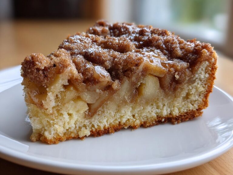 Close-up of a moist slice of jewish apple cake showing tender cake, cooked apples, and a cinnamon crumble topping.