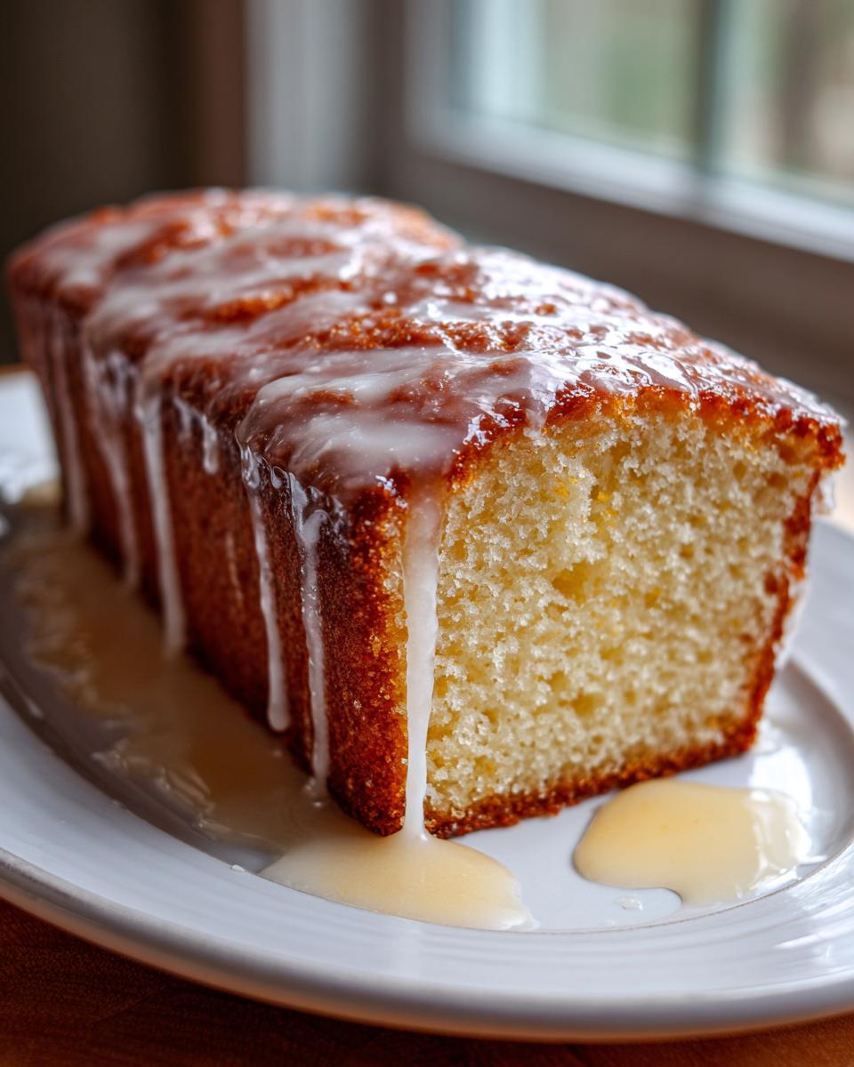 A slice of moist lemon pound cake topped with a thick, dripping lemon glaze on a white plate.