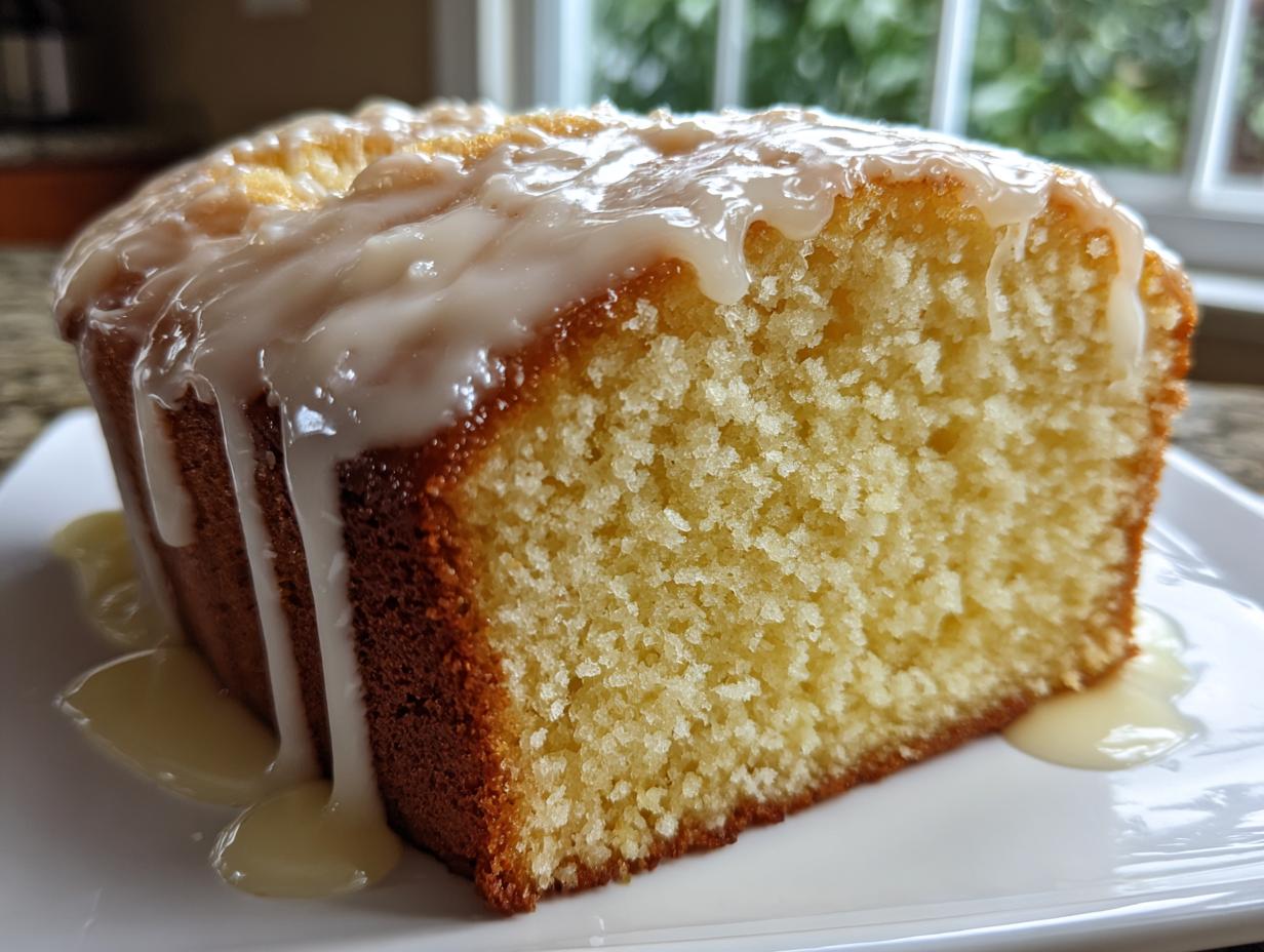 Close-up of a moist slice of lemon pound cake featuring a thick, dripping lemon glaze on a white plate.
