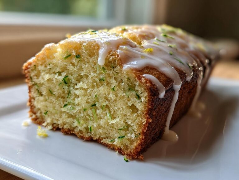 Close-up of a slice of moist lemon zucchini bread topped with a thick white glaze and lemon zest.