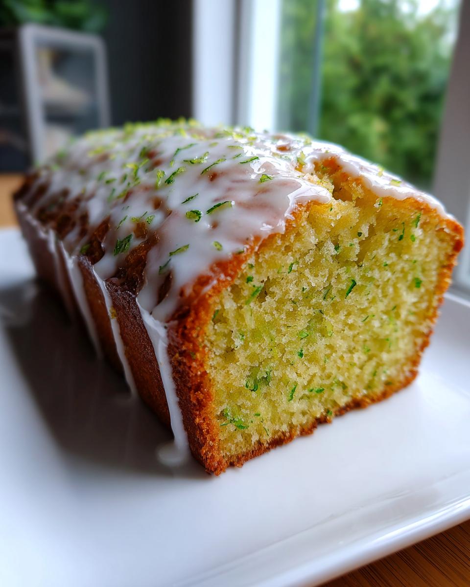 A close-up of a freshly baked lemon zucchini bread loaf, drizzled with white glaze and topped with lime zest.