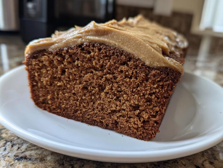 Close-up of a moist, dark brown slice of gingerbread cake topped with thick, light brown frosting.