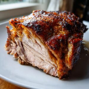 Close-up of a juicy slice of slow cooker turkey breast showing tender meat and a dark, caramelized crust.