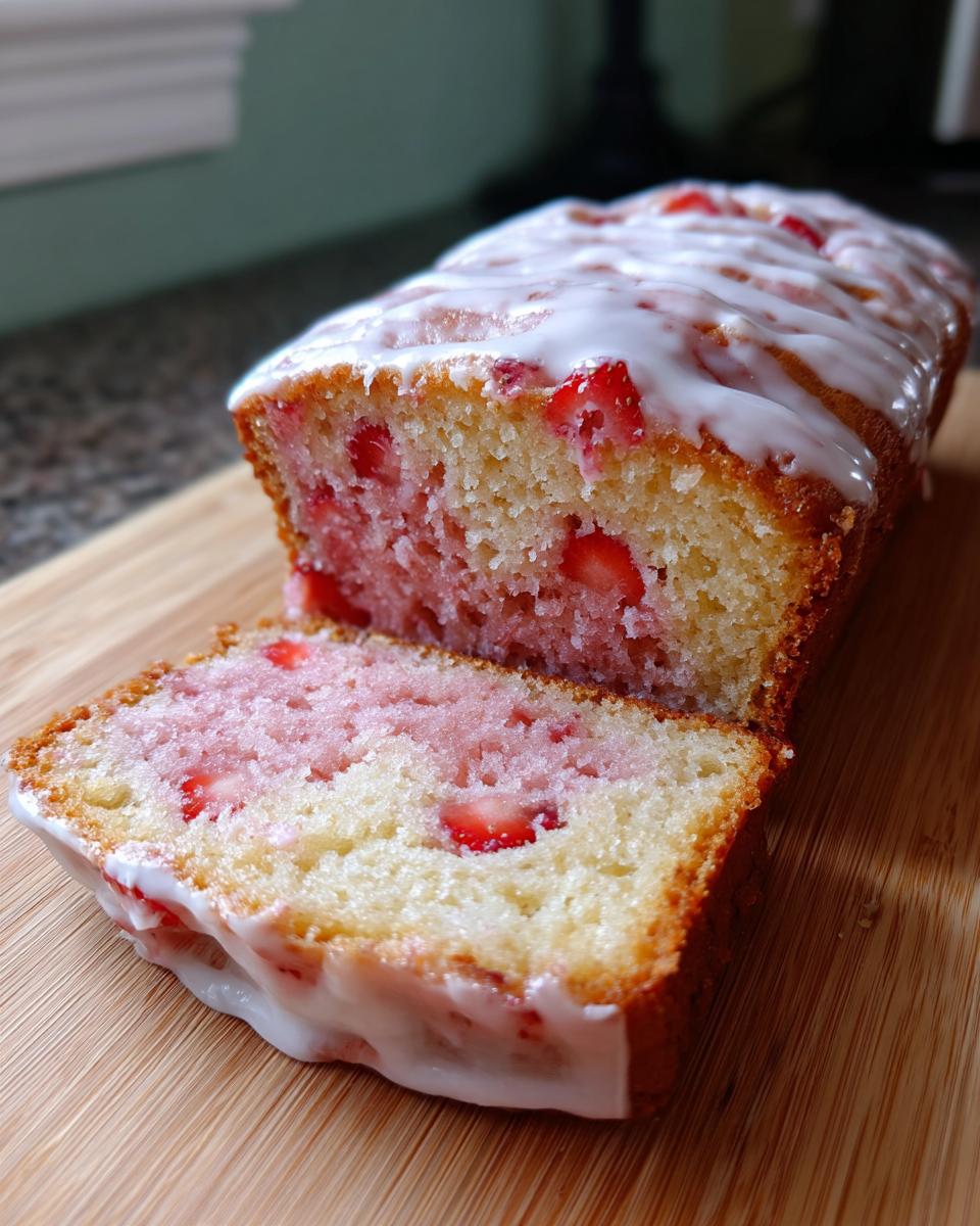 A loaf of moist strawberry bread, partially sliced, showing fresh strawberry pieces and topped with a white vanilla glaze.
