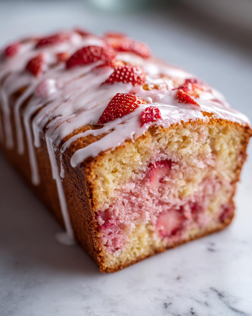 Close-up of a moist strawberry bread loaf, sliced to show the pink interior and topped with white glaze and fresh strawberries.