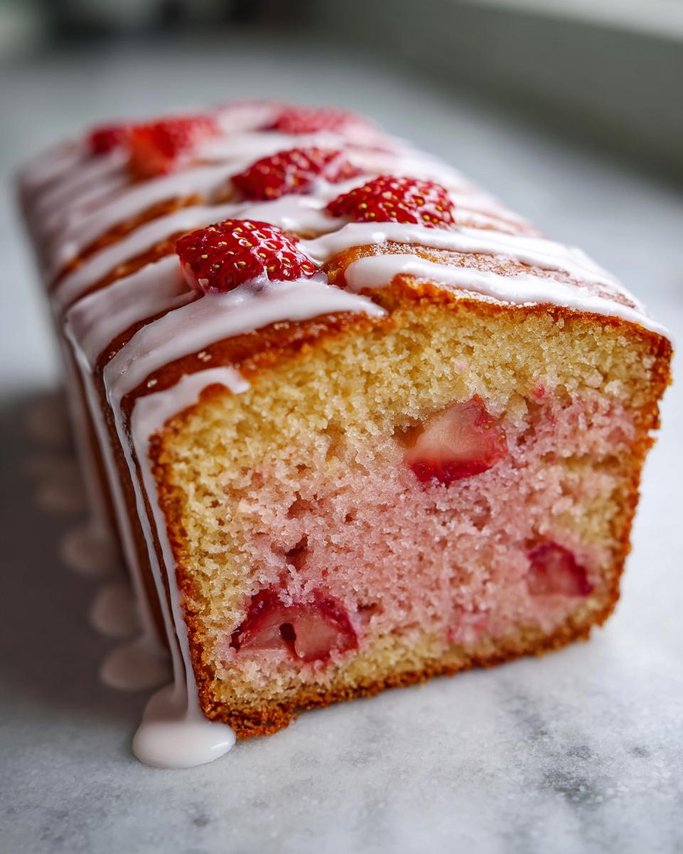 Close-up of moist strawberry bread loaf showing pink crumb with strawberry pieces, topped with white vanilla glaze and fresh strawberries.