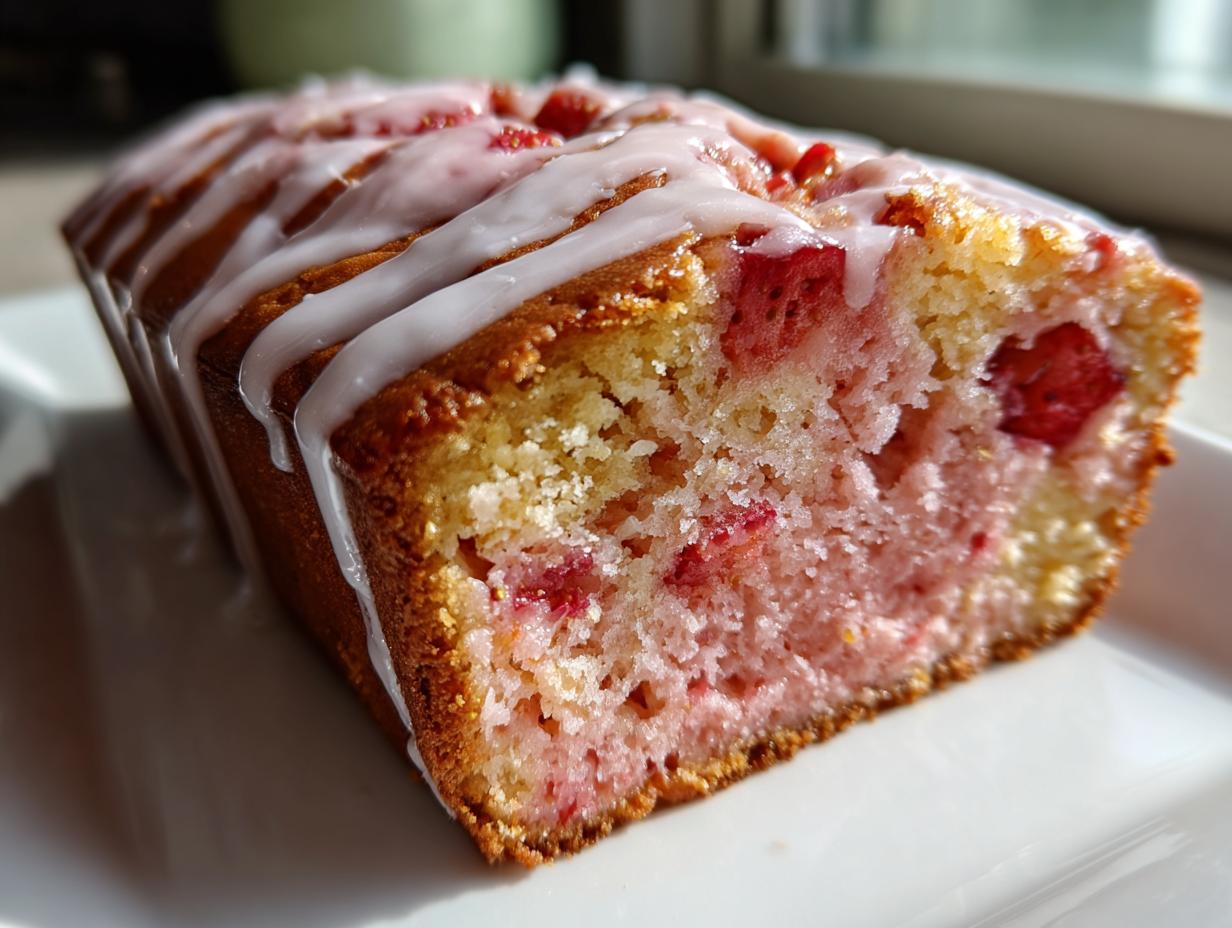 Close-up of a moist strawberry bread loaf, showing the pink, berry-filled crumb and white vanilla glaze drizzled on top.