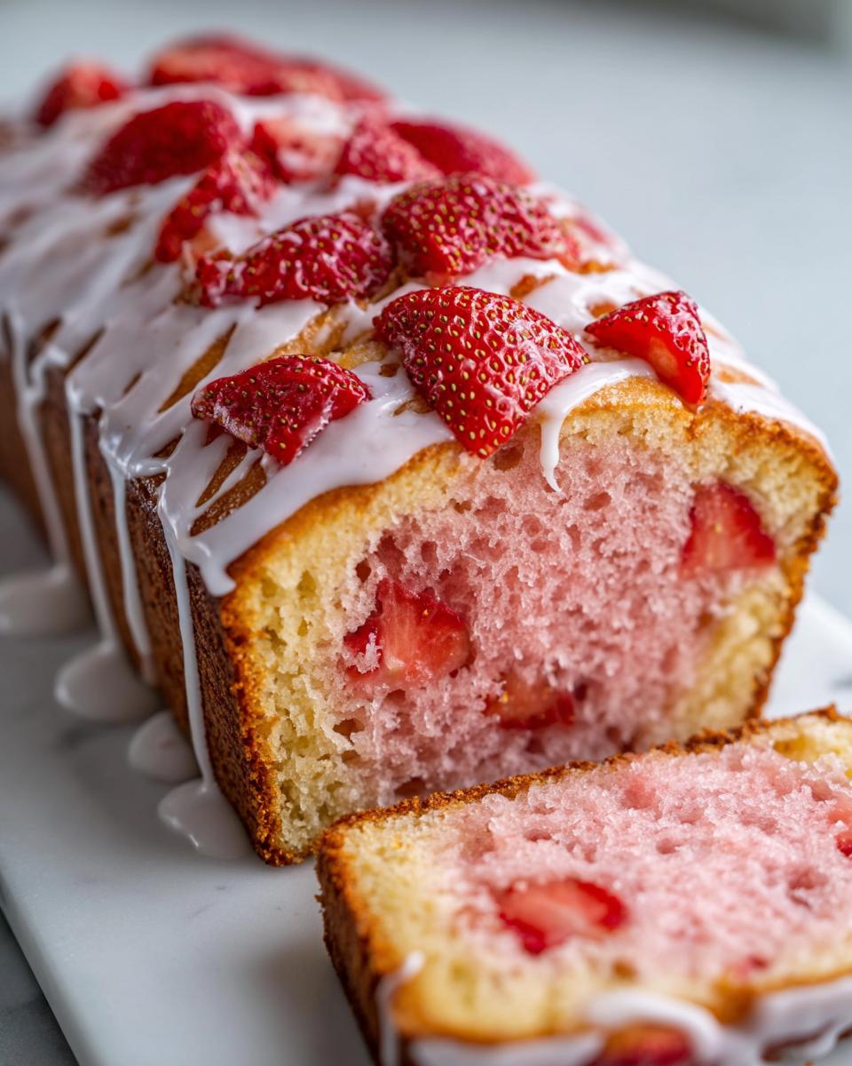 Close-up of moist strawberry bread loaf, sliced, showing pink interior, strawberries, and white glaze topping.