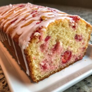 A close-up of a slice of moist strawberry bread, featuring visible strawberry pieces and a thick vanilla glaze drizzle.