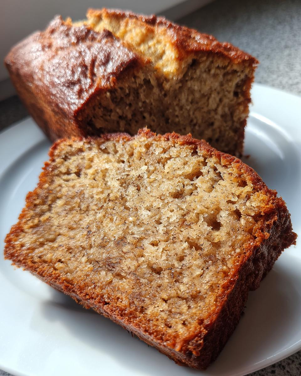 Close-up of a thick slice of moist sugar free banana bread on a white plate.