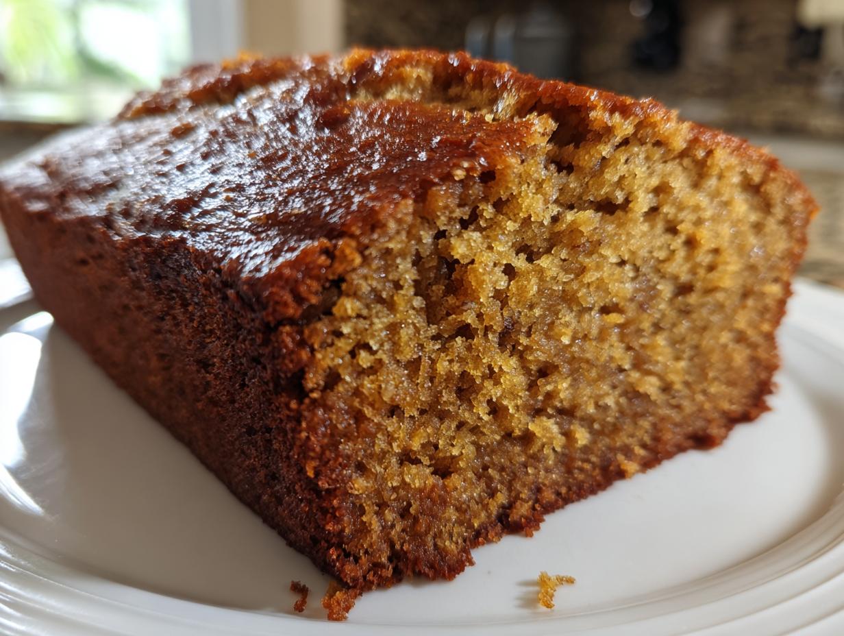 Close-up of a moist, golden-brown slice of sugar free banana bread resting on a white plate.