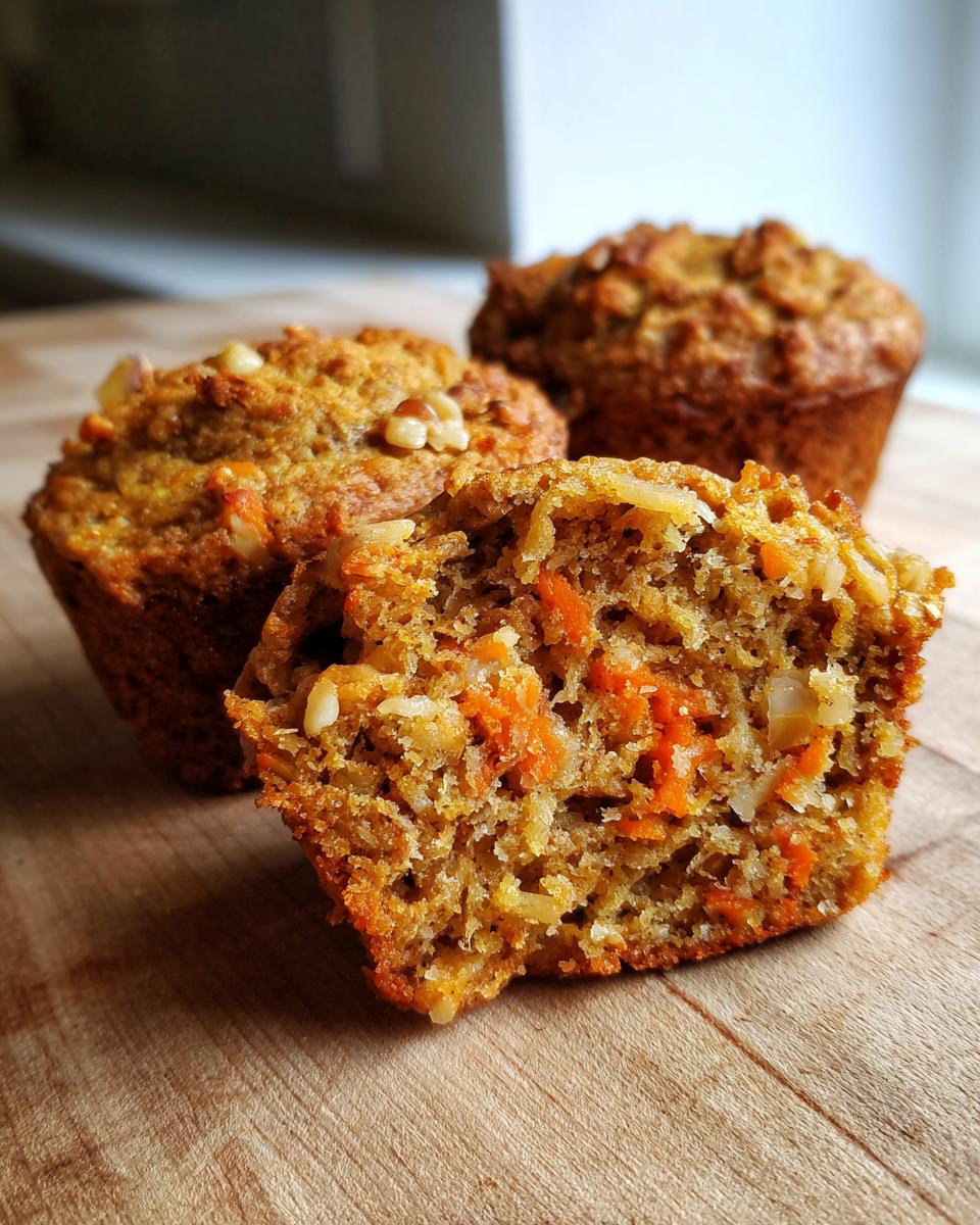 Close-up of a morning glory muffin cut in half showing shredded carrots, coconut, and walnuts inside.