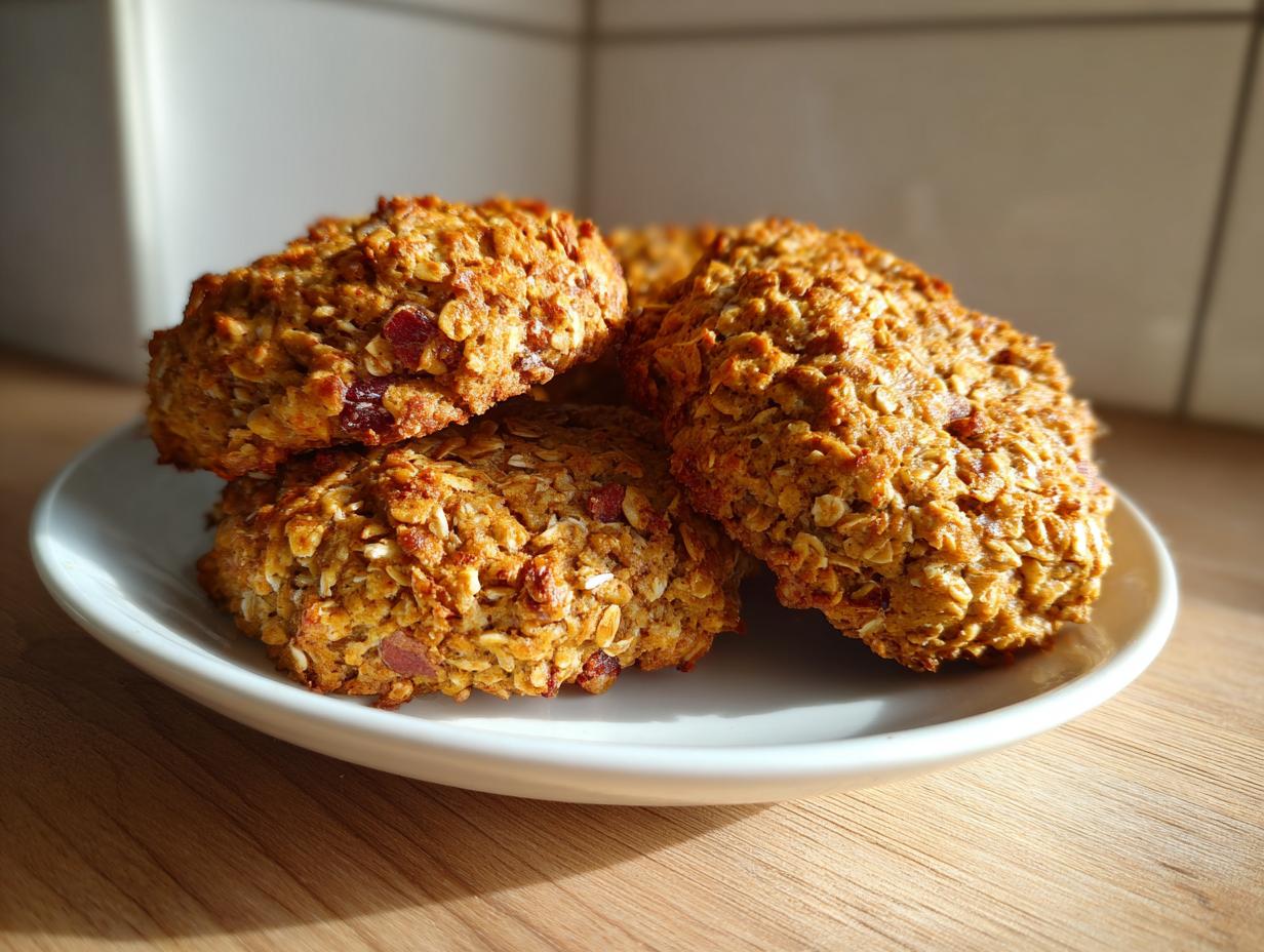 A stack of four golden, textured breakfast cookie treats made with oats and dried fruit, resting on a white plate.