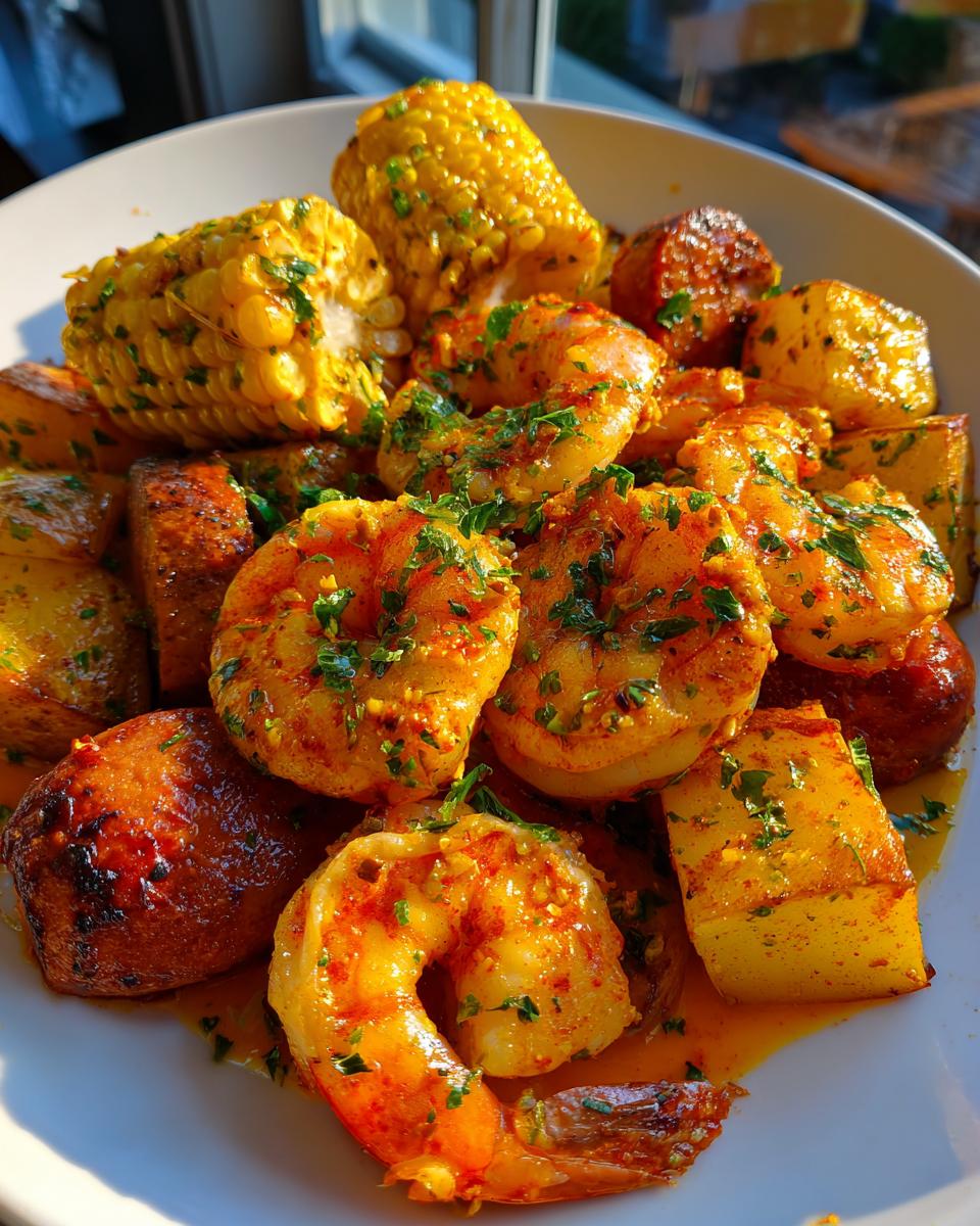 A close-up, vibrant image of a delicious shrimp boil featuring seasoned shrimp, corn on the cob pieces, and potatoes.