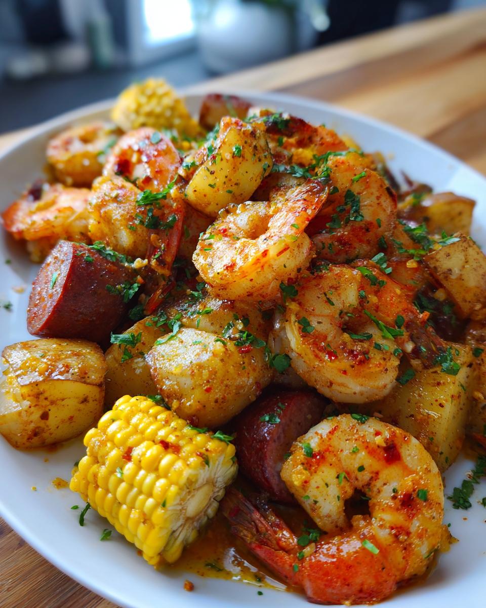 Close-up of a delicious shrimp boil featuring seasoned shrimp, sausage slices, potatoes, and corn on the cob, garnished with parsley.