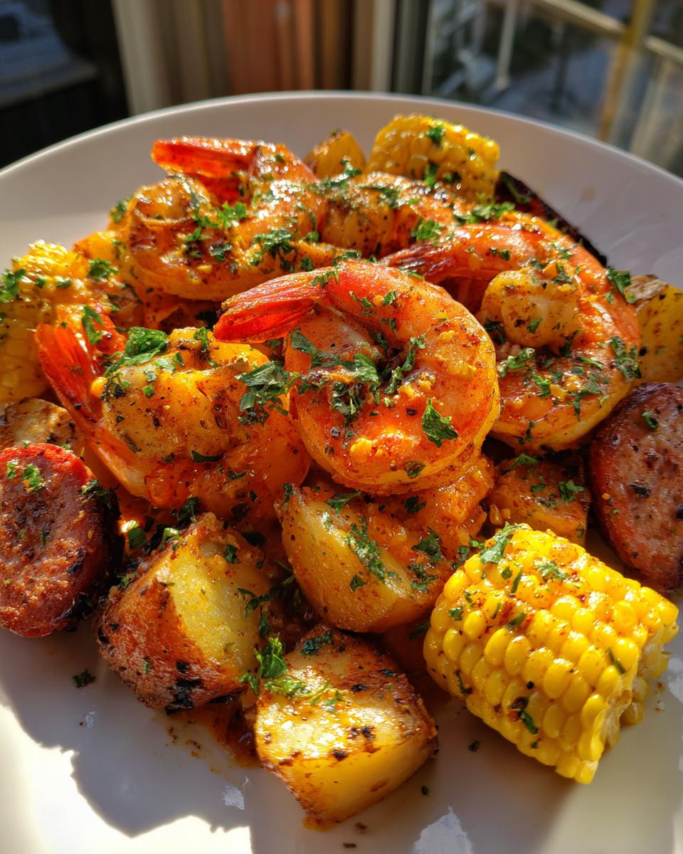 Close-up of a delicious shrimp boil featuring seasoned shrimp, potatoes, corn on the cob, and sausage slices.