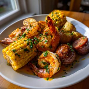 A plate featuring a delicious one-pan shrimp boil with seasoned shrimp, corn on the cob, potatoes, and sausage.