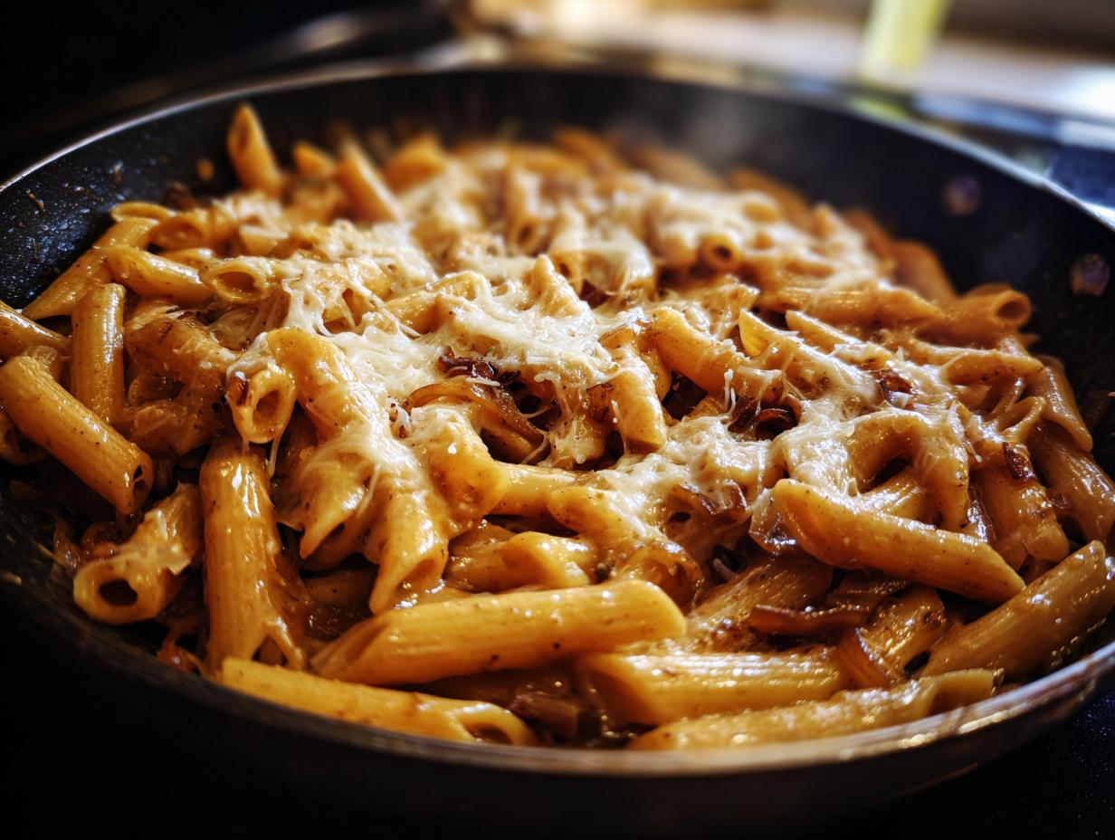 Close-up of creamy french onion pasta made with penne, topped with melted white cheese in a black skillet.