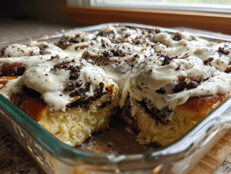 Close-up of freshly baked oreo cinnamon rolls covered in white frosting and crushed cookies in a glass baking dish.