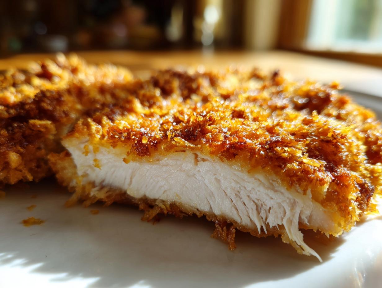 Close-up of perfectly cooked parmesan crusted chicken, showing the white, juicy interior and golden crispy crust.