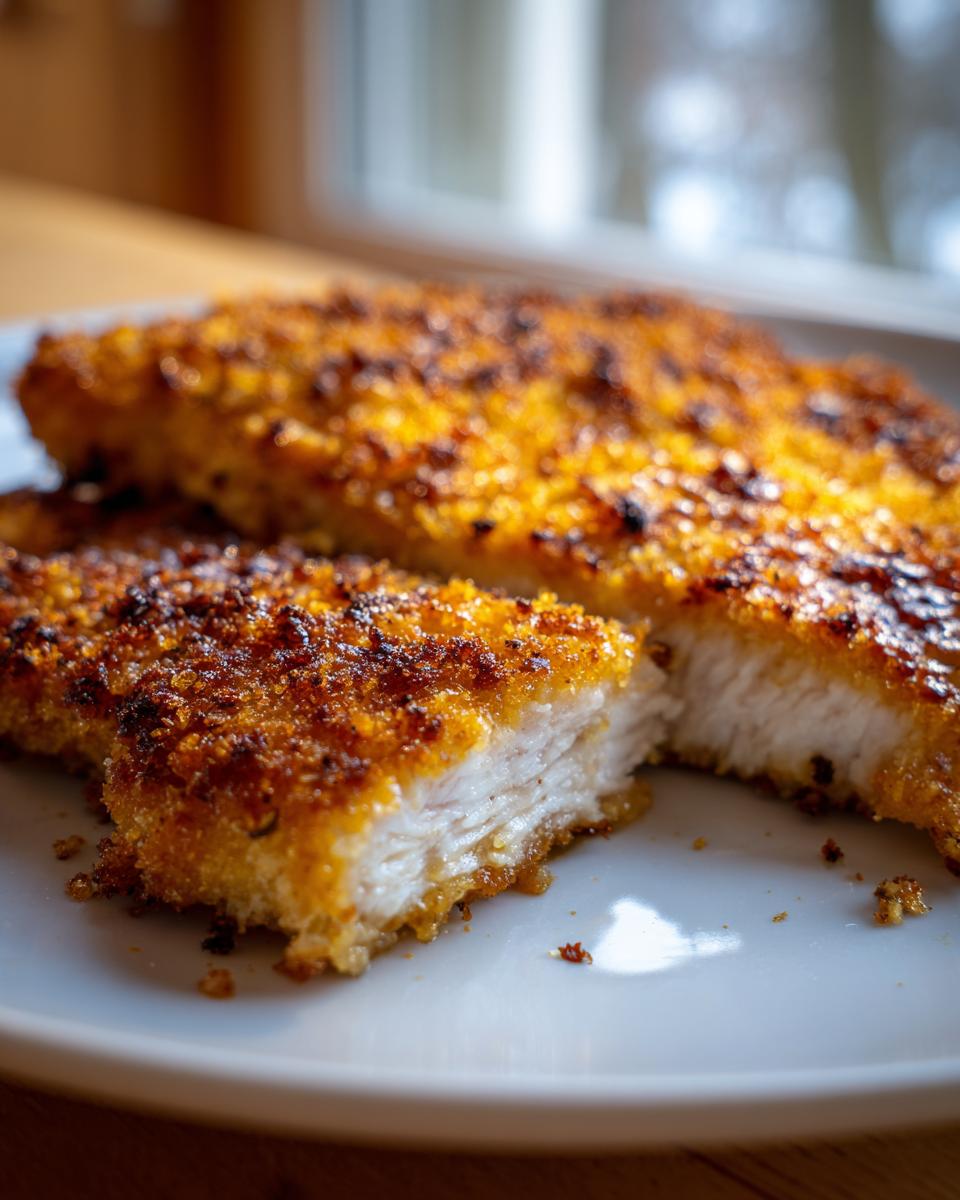 Close-up of golden, crispy parmesan crusted chicken, showing the white, juicy interior of a cut piece.