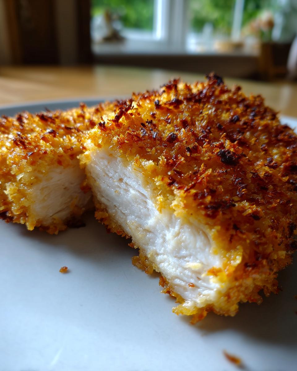 Close-up of juicy parmesan crusted chicken cut in half showing the white interior and golden, crunchy crust.
