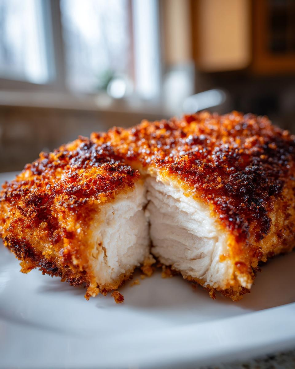 Close-up of perfectly cooked parmesan crusted chicken cut in half showing juicy white meat.