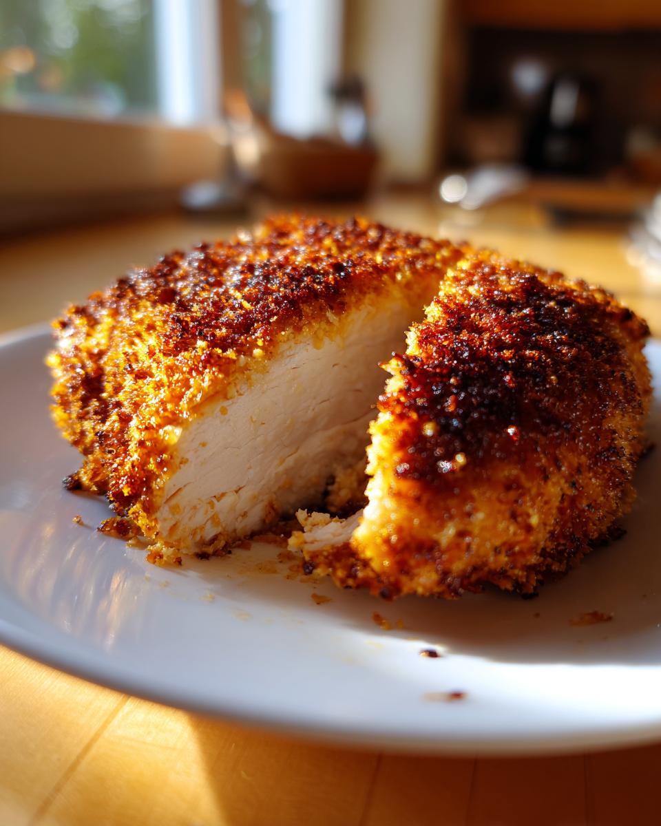 A thick slice cut from a golden brown parmesan crusted chicken breast, showing moist white meat inside.