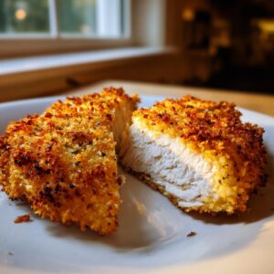 Two thick slices of perfectly cooked parmesan crusted chicken showing the white interior and golden crust.