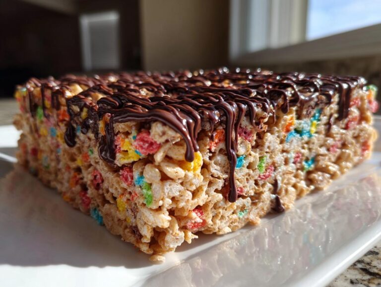 A close-up of a thick peanut butter rice krispie treats bar mixed with colorful cereal, topped with a rich chocolate drizzle.