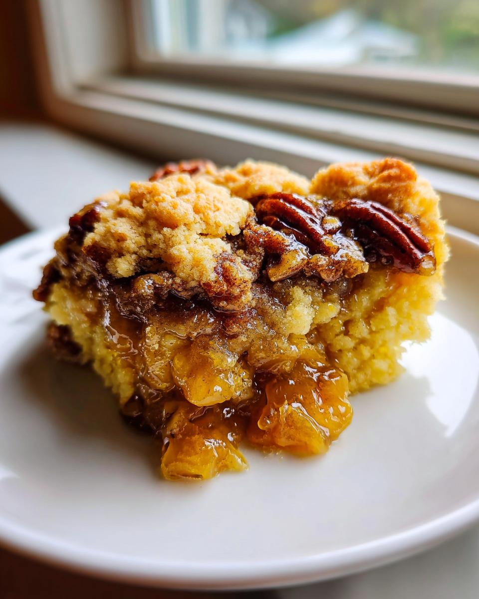 A moist square slice of pecan pie cobbler recipe showing a gooey filling and crumbly topping with pecans.