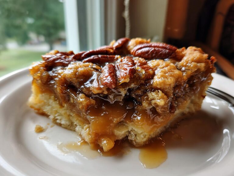 A decadent square slice of pecan pie cobbler recipe featuring a biscuit base and gooey pecan topping.