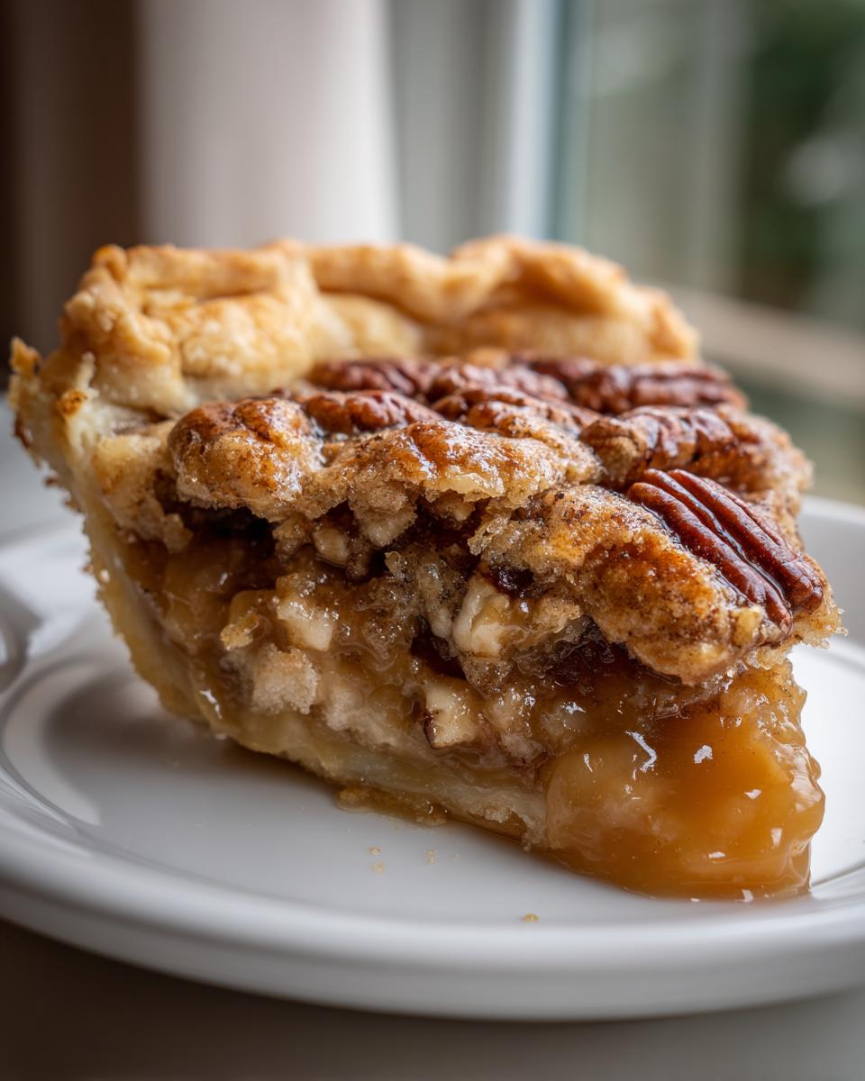 Close-up of a decadent slice of pecan pie cobbler recipe showing flaky crust, gooey caramel filling, and whole pecans.