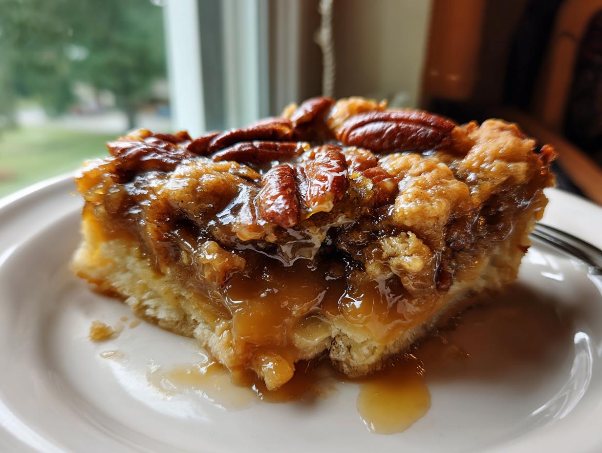 A decadent square slice of pecan pie cobbler recipe featuring a biscuit base and gooey pecan topping.