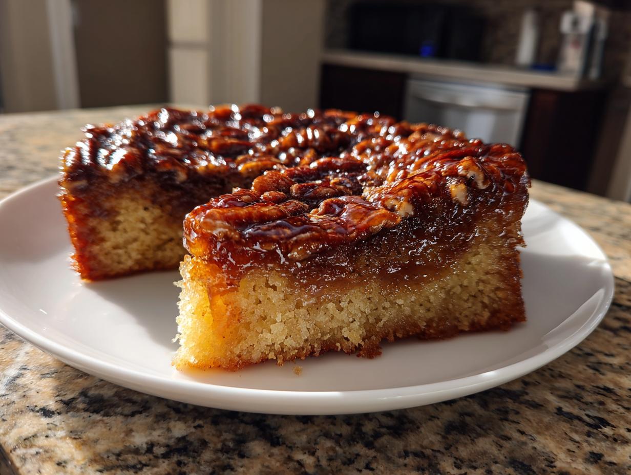 A slice of moist pecan upside down cake with a glossy, caramelized pecan topping on a white plate.