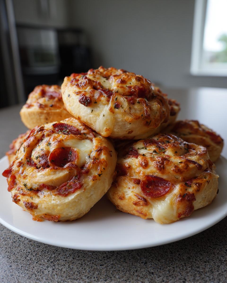 A stack of golden brown, cheesy pepperoni pizza pinwheels piled on a white plate.
