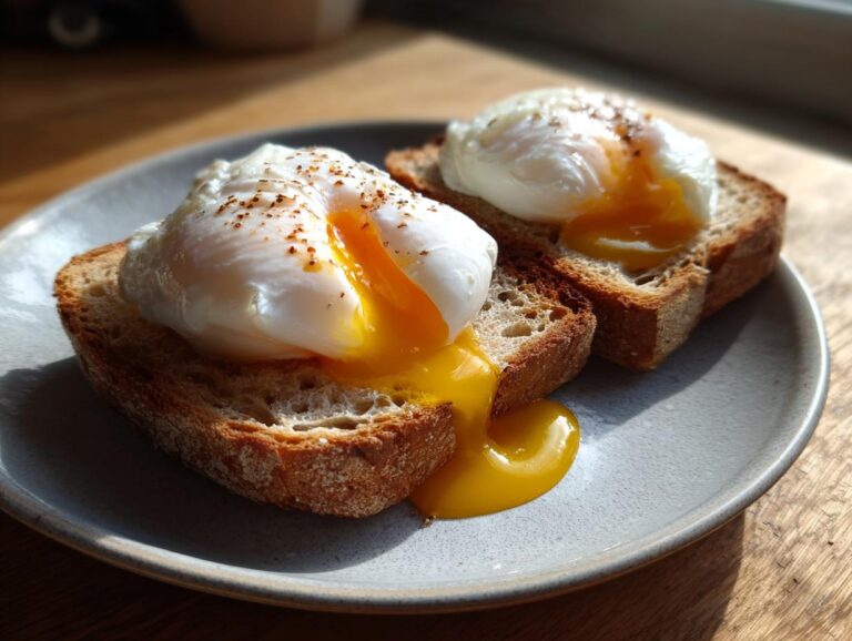 Two perfectly poached eggs served on slices of toasted bread, with runny yolks spilling out, seasoned lightly.