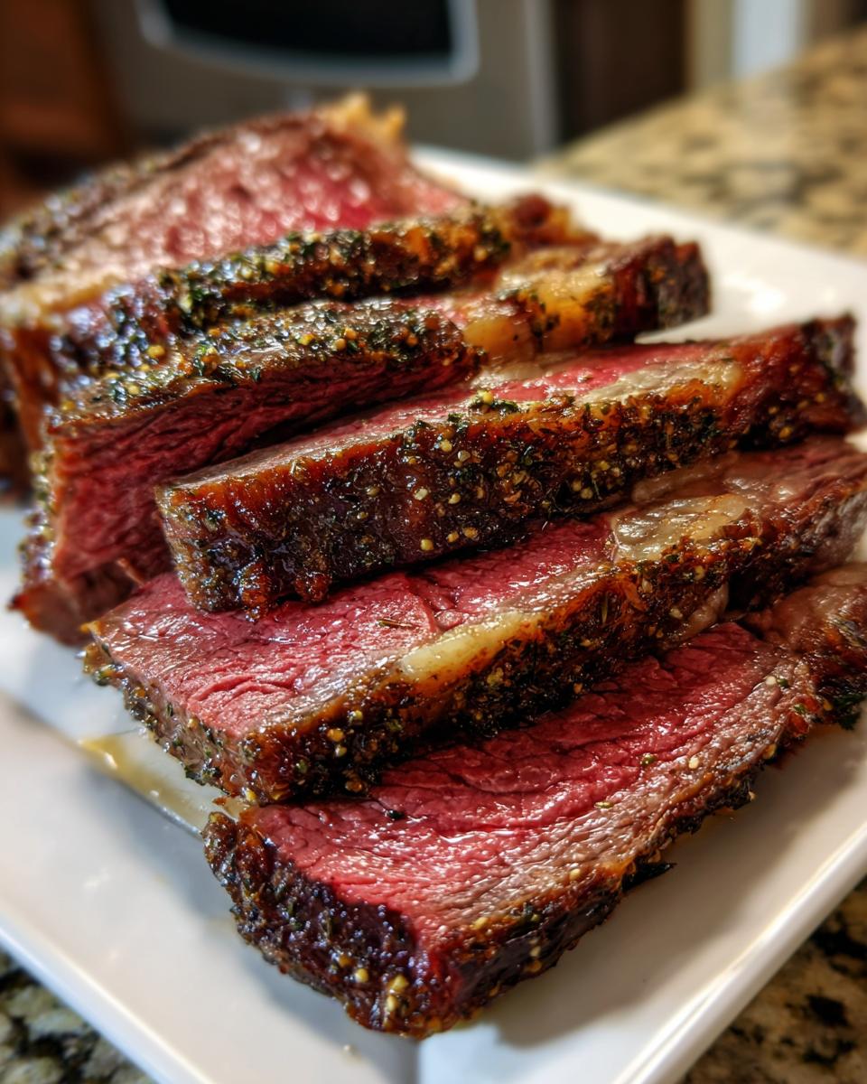 Close-up of thick slices of medium-rare rib roast showing a dark, seasoned crust and juicy pink center.
