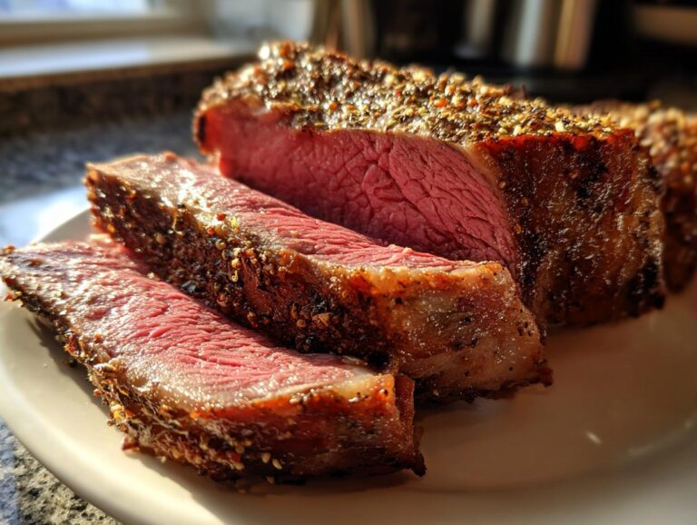 Close-up of a perfectly cooked rib roast, sliced to show medium-rare interior and a thick, seasoned crust.