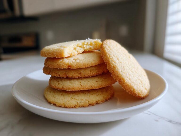 A stack of four golden brown sugar cookies on a white plate, with one cookie broken open showing texture.