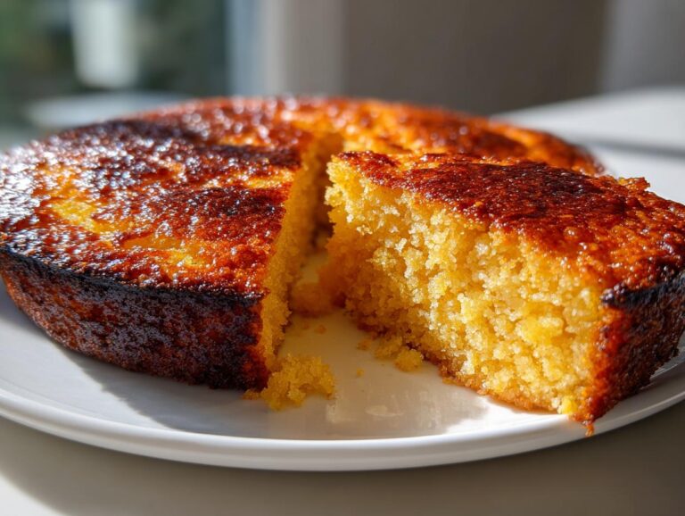 A close-up of a freshly baked skillet cornbread with a dark, caramelized crust, one slice cut out.
