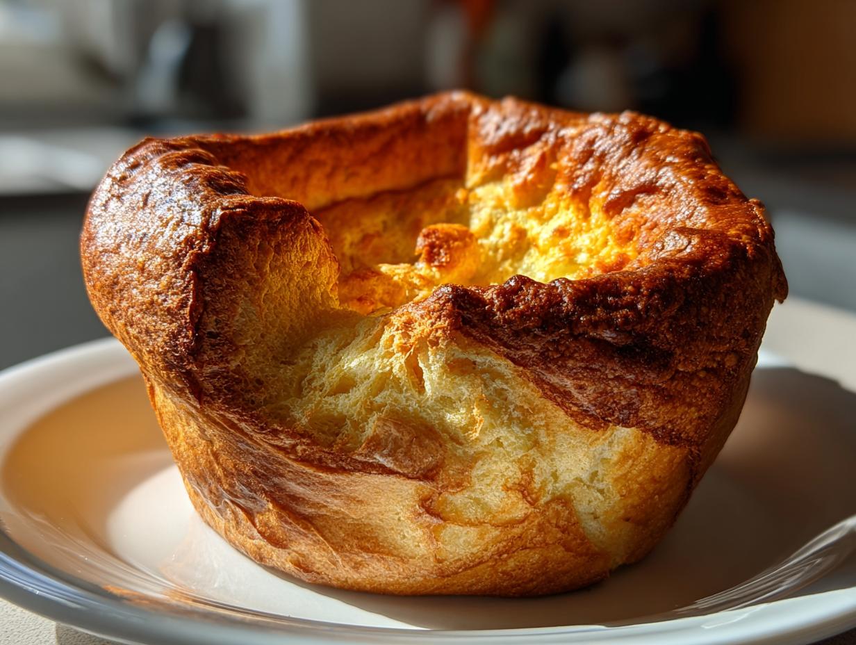 Close-up of a single, golden brown, perfectly risen Yorkshire pudding sitting on a white plate.