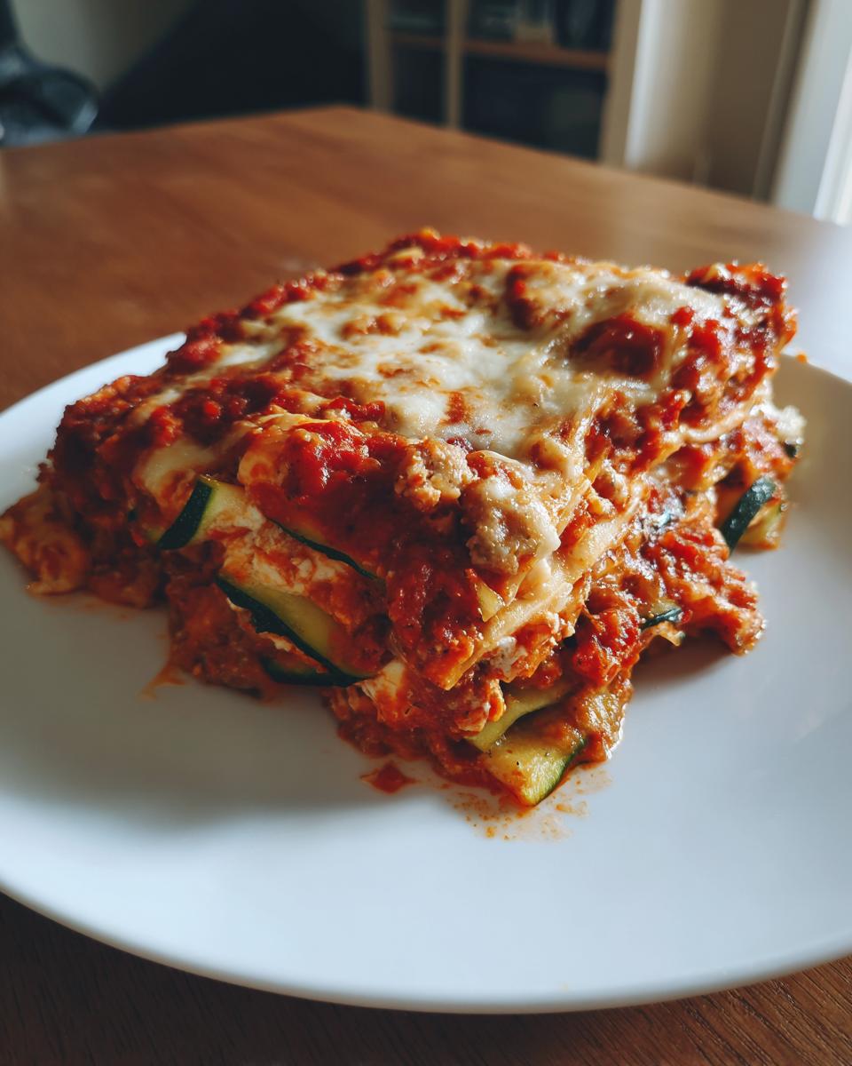A generous slice of zucchini lasagna layered with sauce, cheese, and zucchini noodles, served on a white plate.